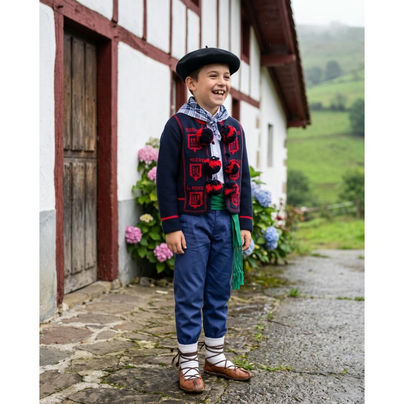 Traje vasco niño completo con mendigozal – txapela, pañuelo, gerriko y mahón - Traje de Baserritarra de Niño