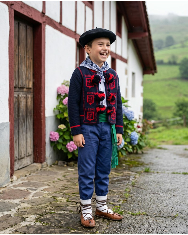 Traje vasco niño completo con mendigozal, txapela, pañuelo, gerriko y mahón - traje de baserritarra típico regional