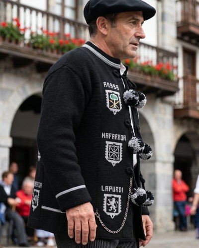 Mendigozale negro chaqueta tradicional vasca con escudos O142