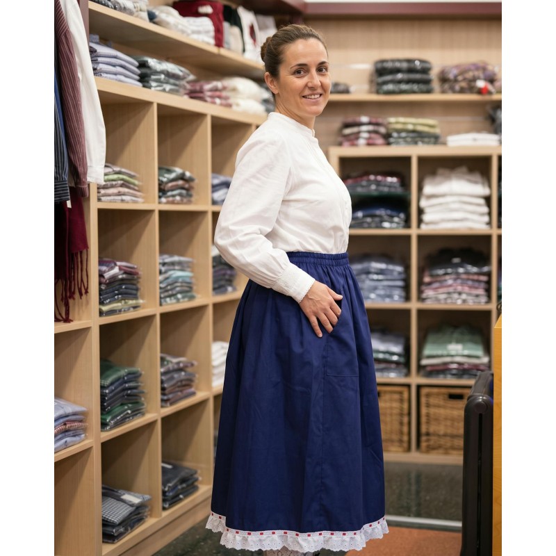 Falda de Mahón Azul Marino para Mujer con Puntilla - Estilo Aldeana Vasca - Falda de Casera Vasca