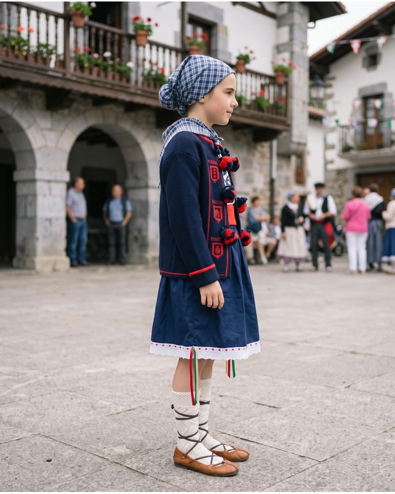 Traje vasco de niña baserritarra con chaqueta mendigozale azul marino - pack traje de neska regional tradicional típico infantil