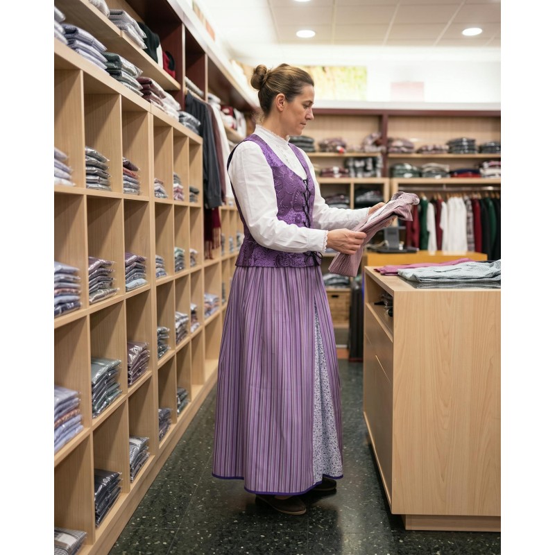 Traje vasco mujer con corpiño morado adamascado y falda tradicional a rayas