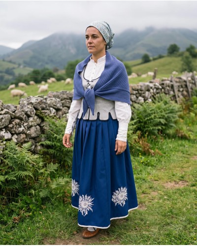 Traje vasco de mujer con falda azul de eguzkilores y corpiño gris