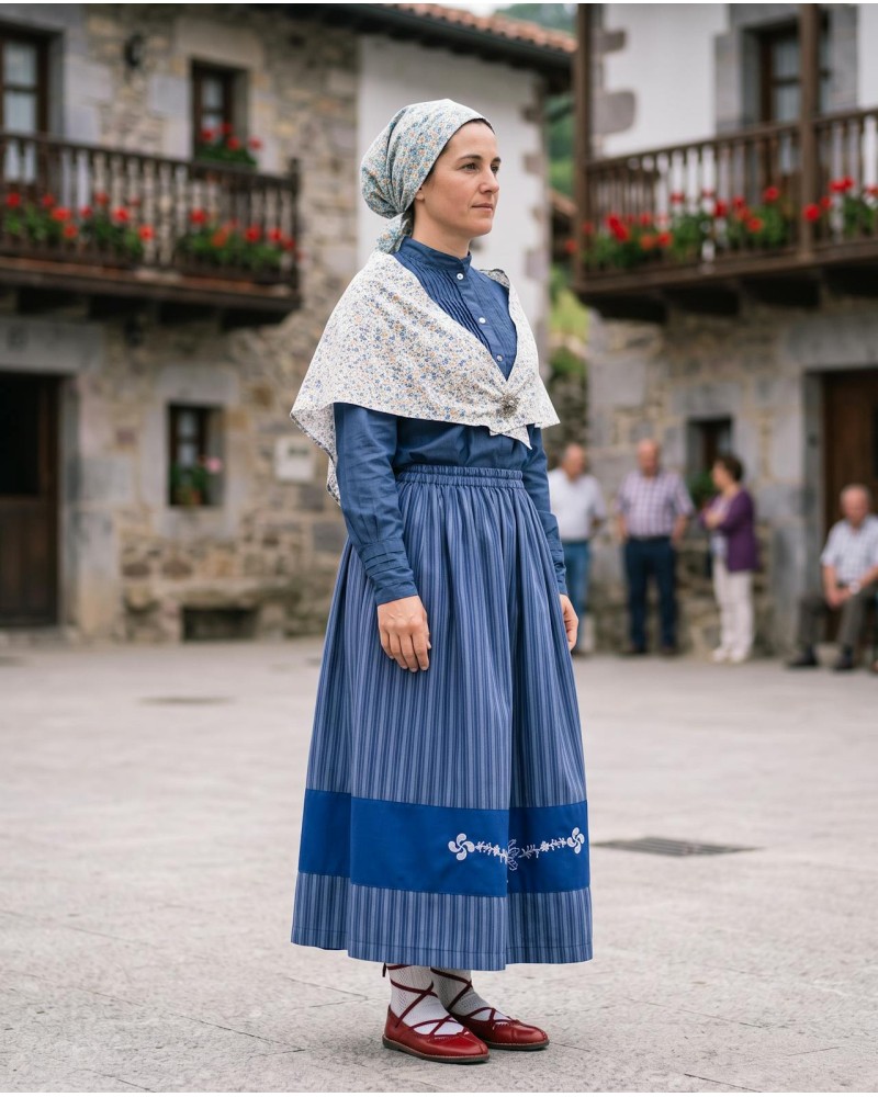 Traje vasco mujer con falda bordada de lauburu y eguzkilore - conjunto baserritarra regional tradicional de casera vasca