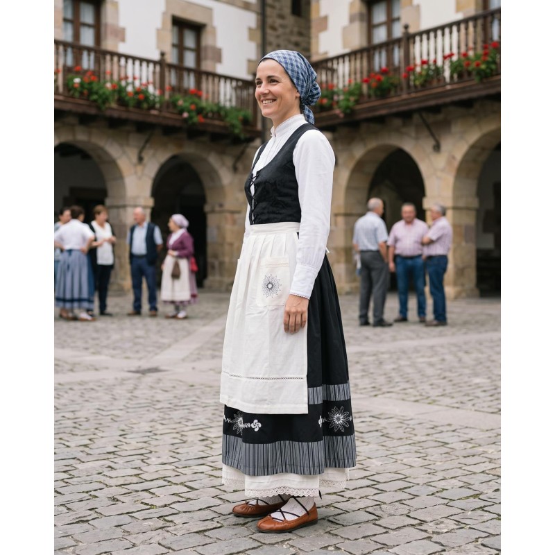Traje vasco mujer con corpiño negro adamascado falda con eguzkilore y delantal bordado tradicional