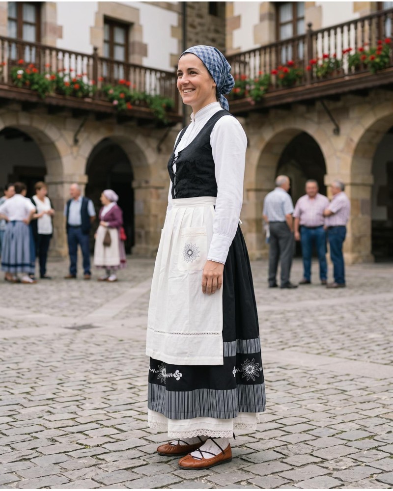 Traje vasco mujer con corpiño negro adamascado, falda de eguzkilore y delantal bordado - conjunto baserritarra regional tradicio