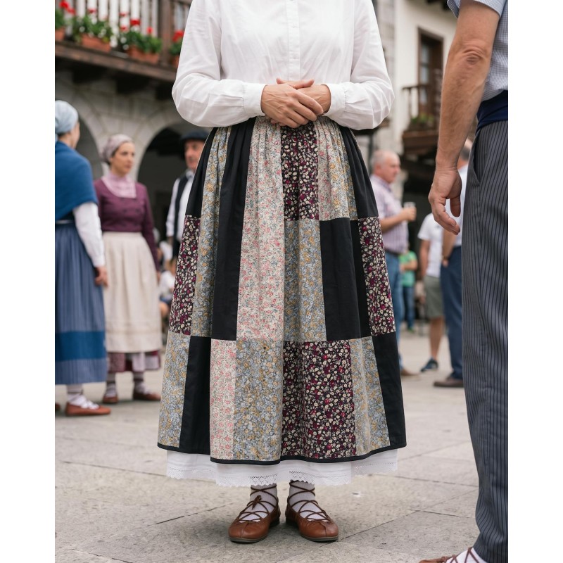 Falda vasca patchwork mujer | Falda aldeana con pañuelo floral | Traje Vasco