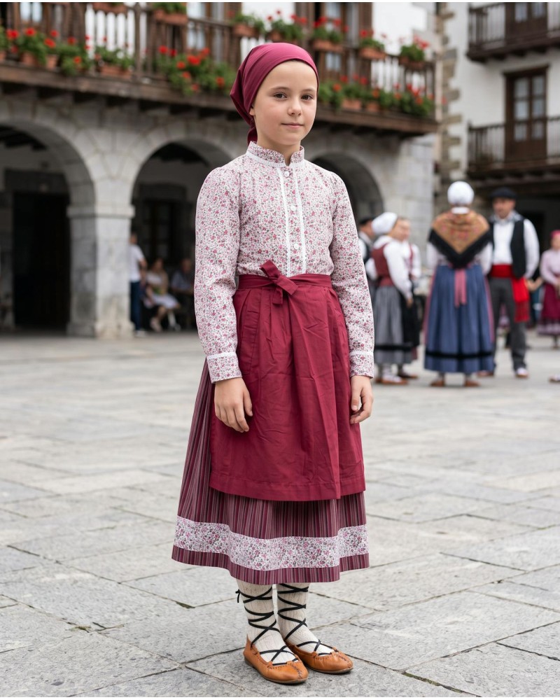 Conjunto tradicional niña granate con blusa floral, falda y delantal