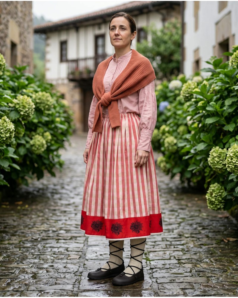 Traje vasco mujer tradicional con falda de eguzkilores - conjunto baserritarra regional típico de casera y aldeana vasca