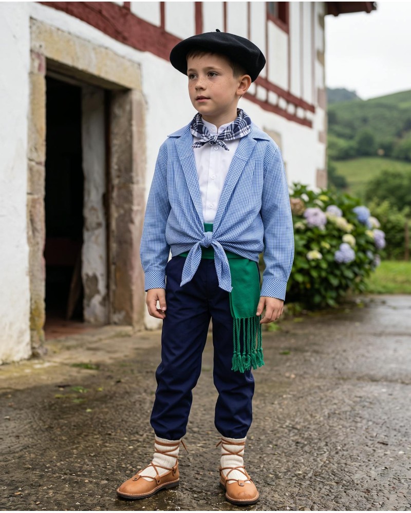 Traje vasco niño azul de vichy completo y básico - pack de baserritarra infantil regional tradicional