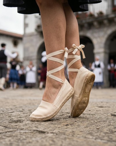 Alpargatas vascas beige con cintas atadas al tobillo