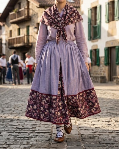 Falda de casera vasca lila con bajo de flores granate y pañuelo a juego