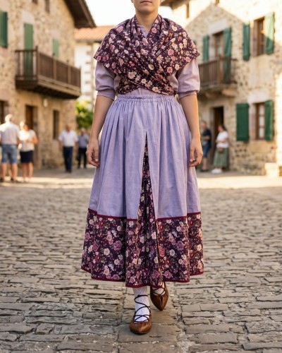 Falda de casera vasca lila con bajo de flores granate y pañuelo a juego