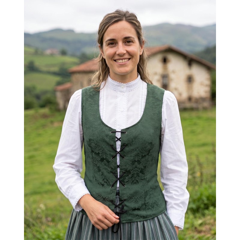 Corpiño de casera vasca verde adamascado con cordones negros