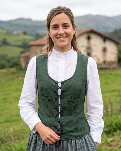 Corpiño de casera vasca verde adamascado con cordones negros