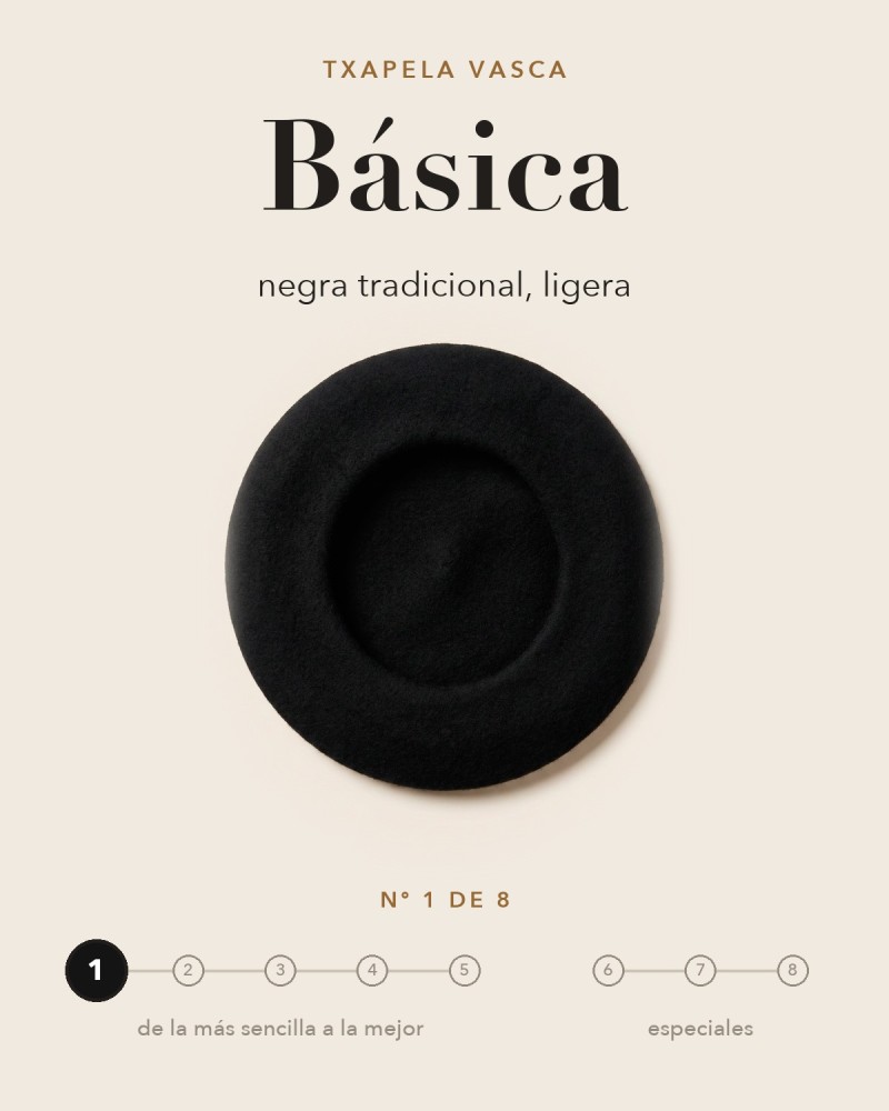 Boina básica negra tradicional y ligera, txapela nº 1 de 8