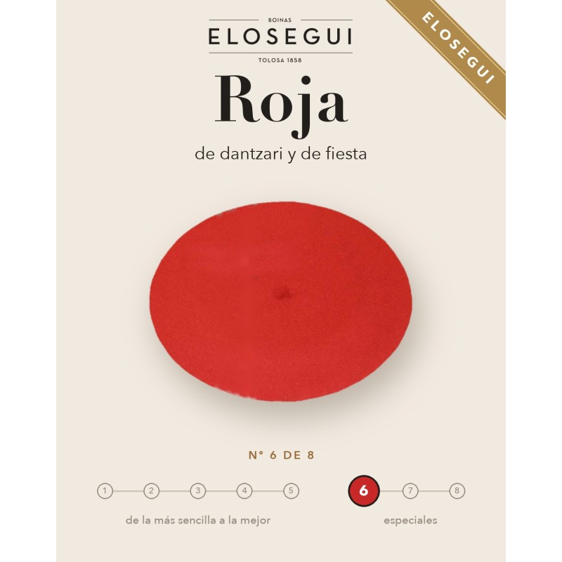 Boina Elósegui roja de dantzari y de fiesta, txapela especial nº 6 de 8
