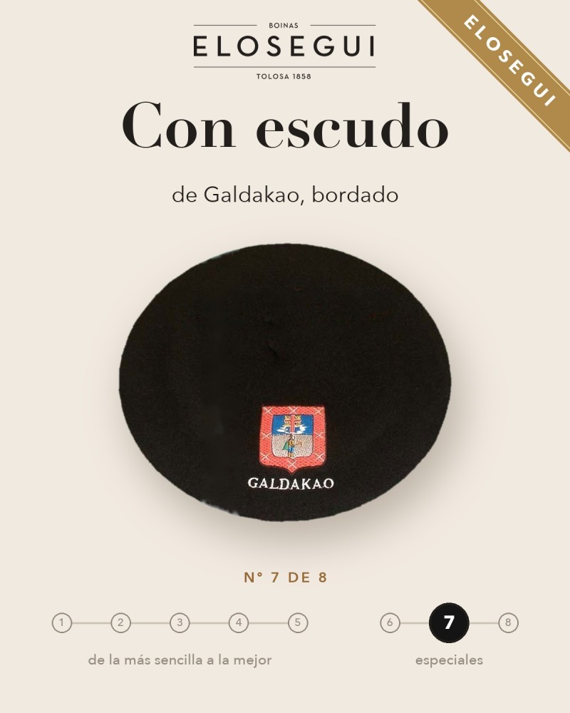 Boina Elósegui con el escudo de Galdakao bordado, txapela especial nº 7 de 8
